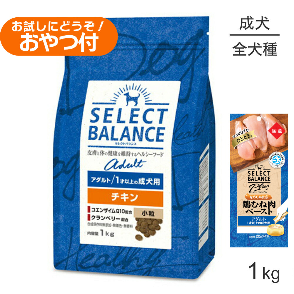 セレクトバランス アダルト チキン 小粒 1才以上の成犬用 1kg+成犬用 鶏むね肉ペースト 20g×4本(犬・ドッグ)