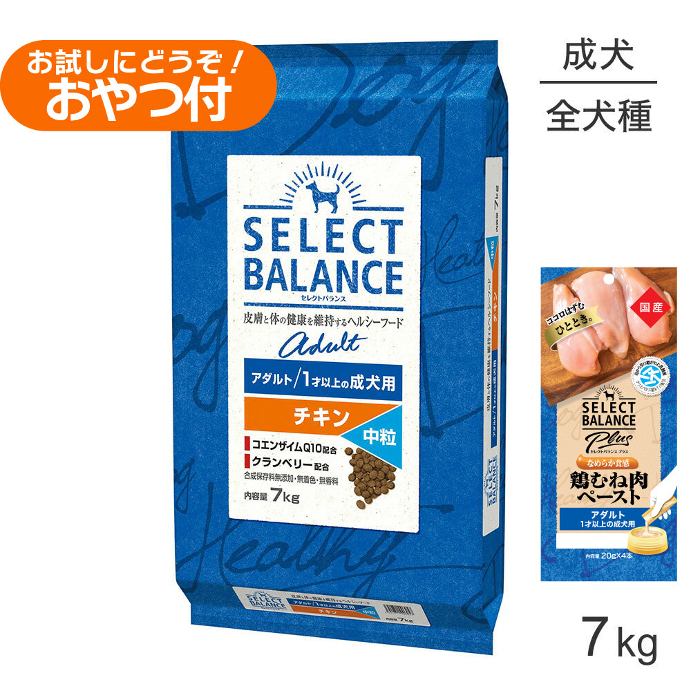 セレクトバランス アダルト チキン 中粒 1才以上の成犬用 7kg+成犬用 鶏むね肉ペースト (20g×4本)×2袋(犬・ドッグ)
