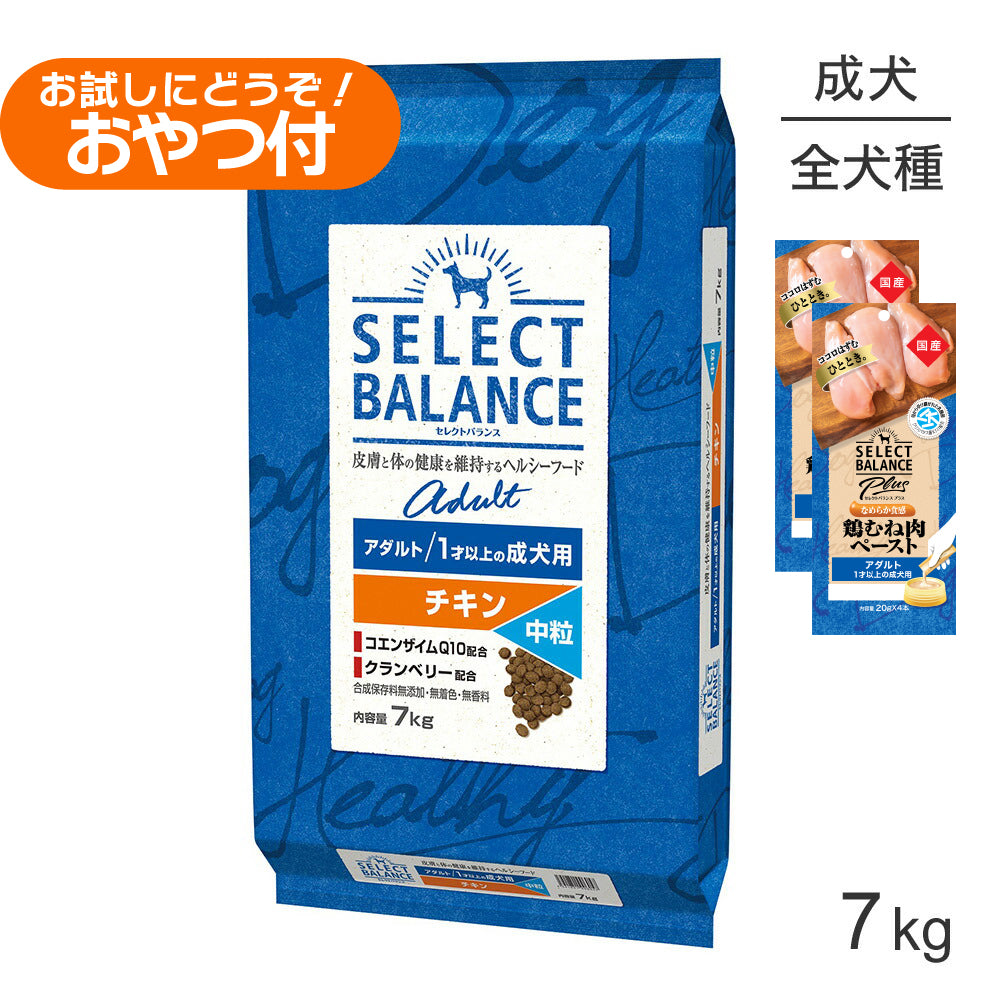 セレクトバランス アダルト チキン 中粒 1才以上の成犬用 7kg+成犬用 鶏むね肉ペースト (20g×4本)×2袋(犬・ドッグ)