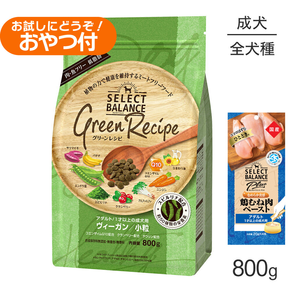 セレクトバランス グリーンレシピ アダルト 1才以上 ヴィーガン 小粒 800g+成犬用 鶏むね肉ペースト 20g×4本(犬・ドッグ)