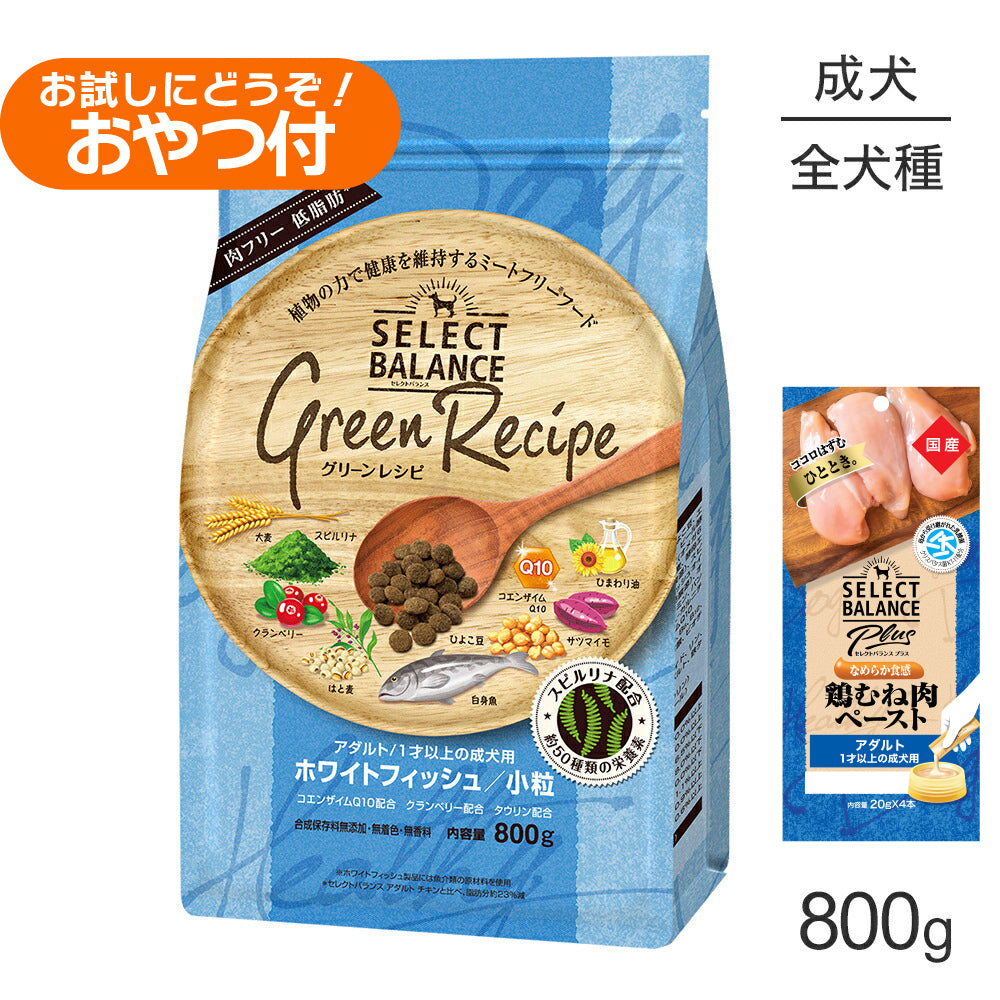 セレクトバランス グリーンレシピ アダルト 1才以上 ホワイトフィッシュ 小粒 800g+成犬用 鶏むね肉ペースト 20g×4本(犬・ドッグ)
