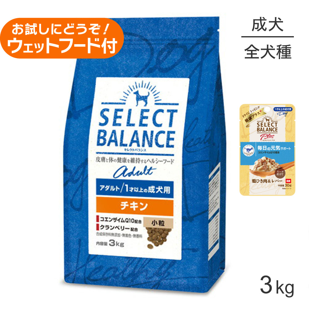 セレクトバランス アダルト チキン 小粒 1才以上の成犬用 3kg+成犬用 鶏ひき肉&レバー ウェット 30g(犬・ドッグ)
