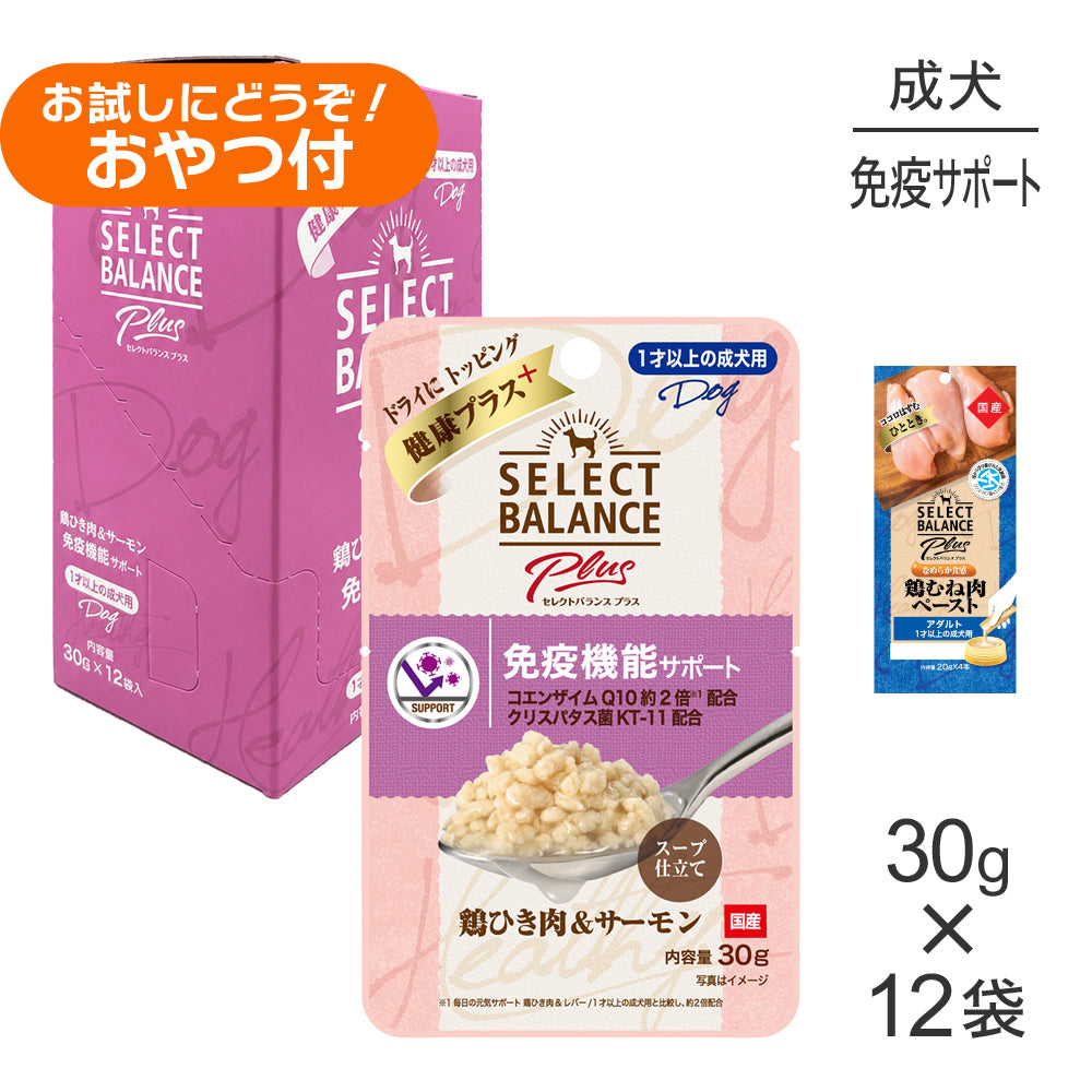 セレクトバランス Plus 免疫機能サポート 1才以上の成犬用 鶏ひき肉&サーモン ウェット 30g×12袋+成犬用 鶏むね肉ペースト 20g×4本(犬・ドッグ)