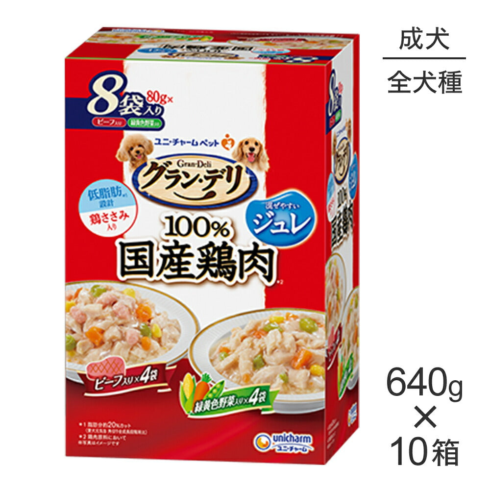 【640g×10箱】ユニ・チャーム グラン・デリ 100%国産鶏肉 パウチ ジュレ 成犬用 ビーフ入り&緑黄色野菜入り ウェット (犬・ドッグ)