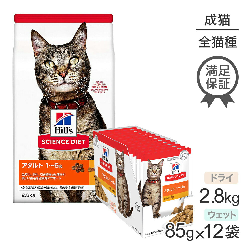 ヒルズ サイエンス・ダイエット アダルト 1~6歳 成猫用 チキン ドライ 2.8kg + チキン ウェット 85g×12袋 (猫・キャット)