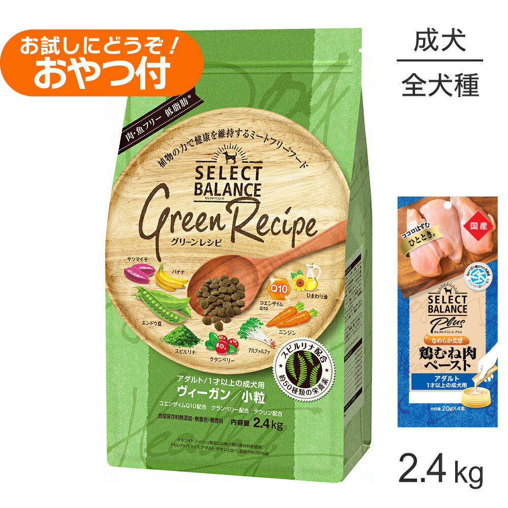 セレクトバランス グリーンレシピ アダルト 1才以上 ヴィーガン 小粒 2.4kg+成犬用 鶏むね肉ペースト 20g×4本(犬・ドッグ)