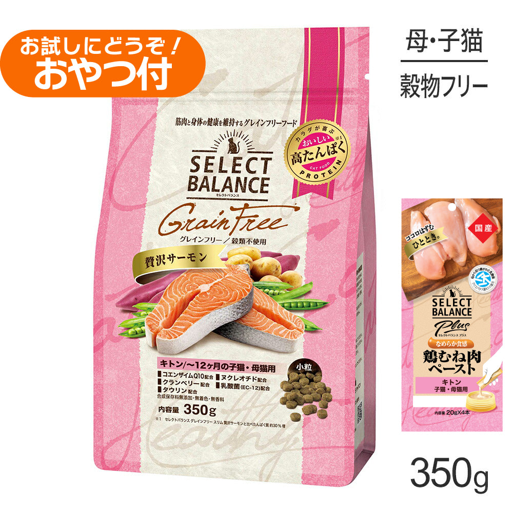 セレクトバランス グレインフリー キトン 贅沢サーモン 小粒 350g+子猫・母猫用 鶏むね肉ペースト 20g×4本(猫・キャット)