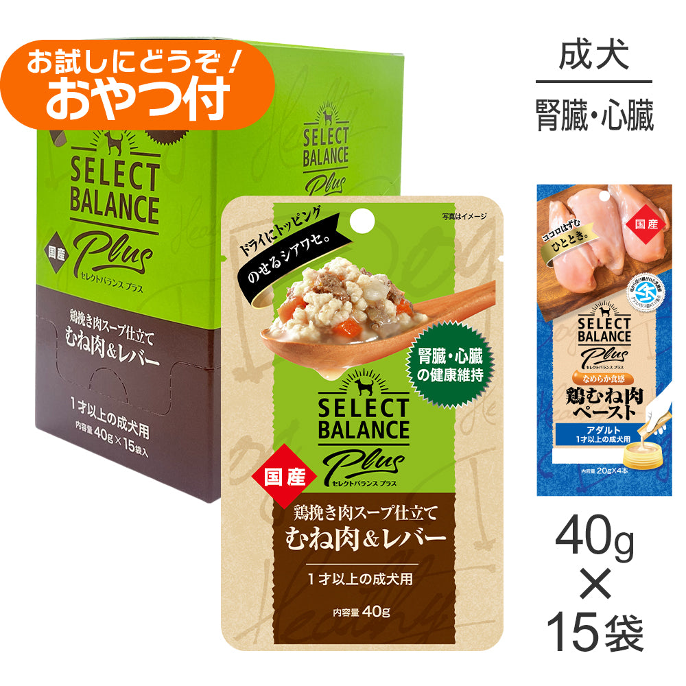 セレクトバランス Plus 腎臓・心臓の健康維持 1才以上の成犬用 鶏挽き肉スープ仕立て 40g×15袋+成犬用 鶏むね肉ペースト 20g×4本(犬・ドッグ)