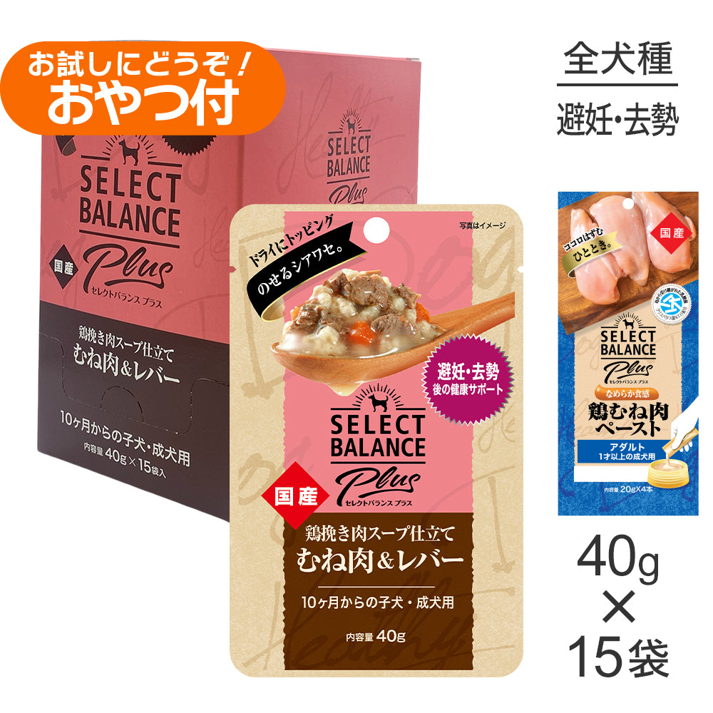 セレクトバランス Plus 避妊・去勢後の健康 10ヶ月～子犬・成犬用 鶏挽き肉スープ仕立て ウェット 40g×15袋+成犬用 鶏むね肉ペースト 20g×4本(犬・ドッグ)