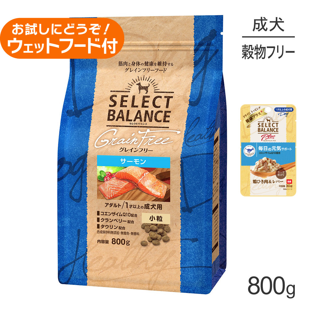 セレクトバランス グレインフリー アダルト サーモン 小粒 1才以上の成犬用 800g+成犬用 鶏ひき肉＆レバー ウェット 30g(犬・ドッグ)