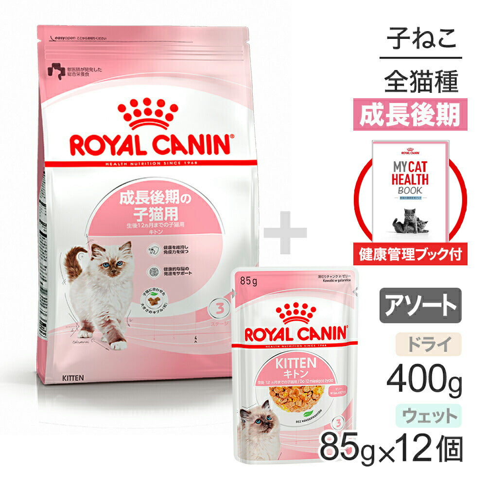 【健康管理ブック付】子猫成長後期【はじめてセット】ロイヤルカナン FHN キトン 子猫用 ドライ 400g×1 + ウェット ゼリー85g×12 (猫・キャット)[正規品]