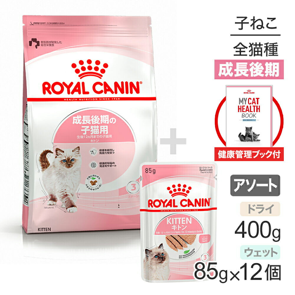【健康管理ブック付】子猫成長後期【はじめてセット】ロイヤルカナン FHN キトン 子猫用 ドライ 400g×1 + ウェット ローフ85g×12 (猫・キャット)[正規品]