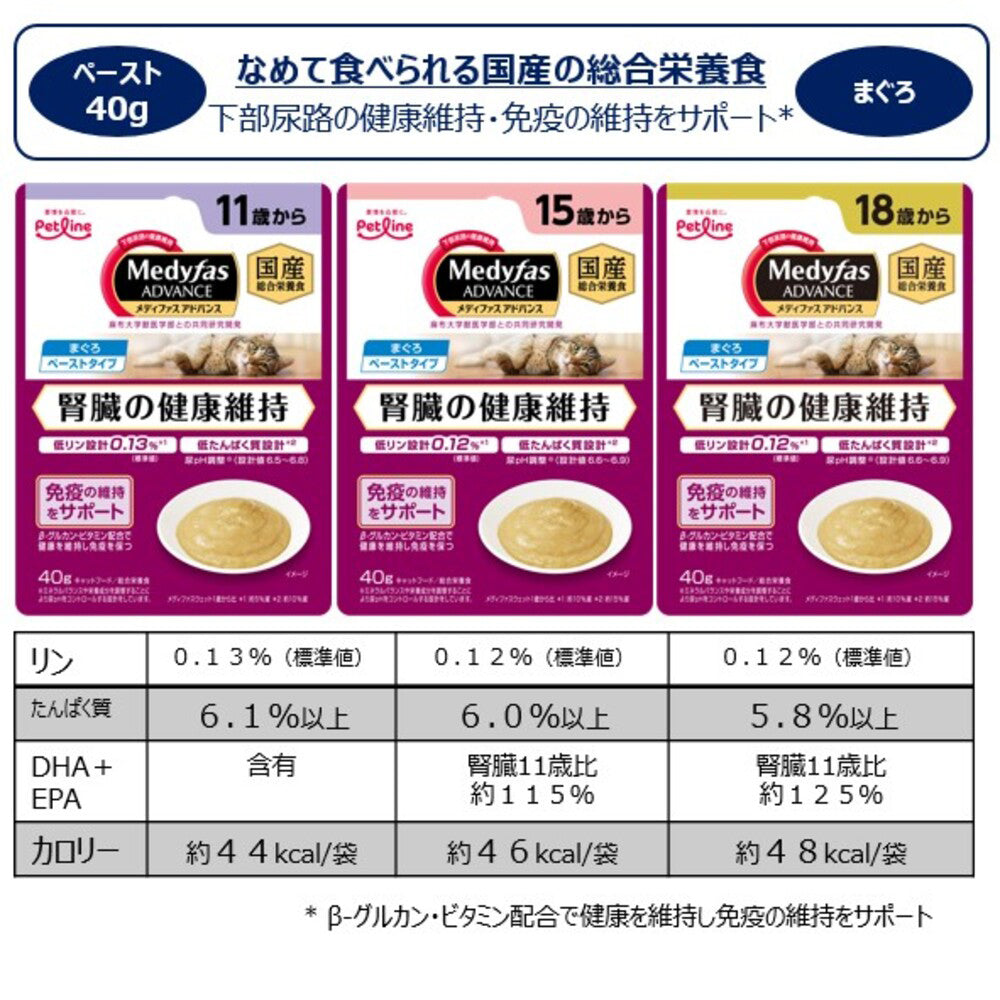 【メール便】ペットライン メディファスアドバンス 腎臓の健康維持 11歳から まぐろ パウチ ウェット 40g (猫・キャット)[単品][M便 1/4][単品]