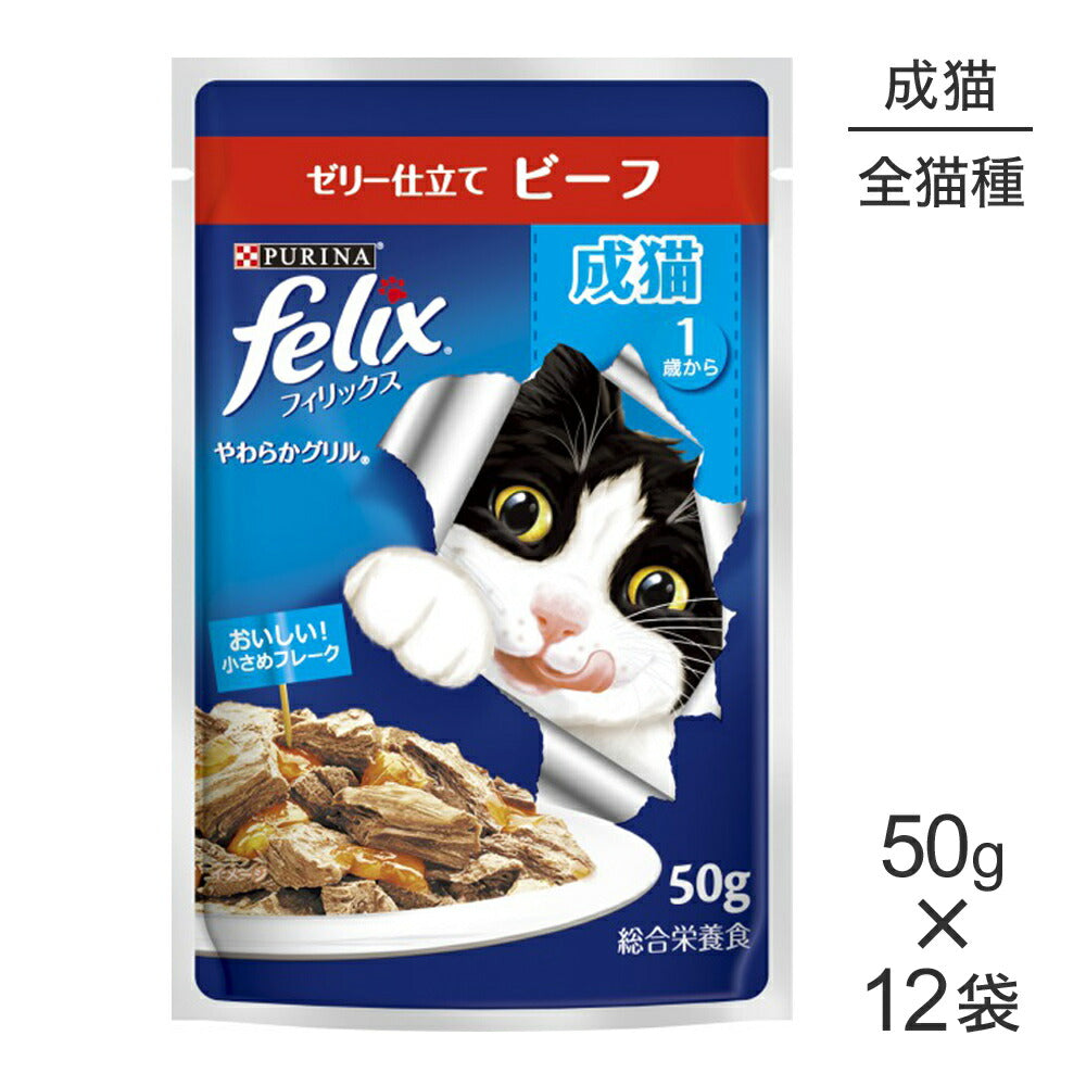 【50g×12袋】ネスレ ピュリナ フィリックス やわらかグリル 成猫 ゼリー仕立て ビーフ ウェット パウチ (猫・キャット) [正規品]