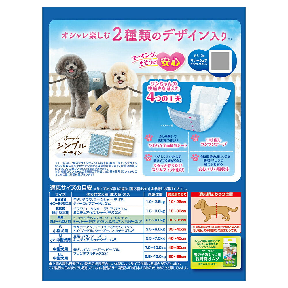 ユニ・チャーム マナーウェア 男の子用 SSサイズ モカストライプ・ライトブルージーンズ 犬用おむつ 48枚 (犬・ドッグ)