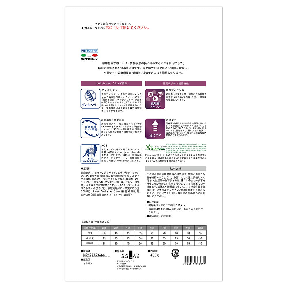 MONGE VetSolution ベッツソリューション 胃腸サポート 療法食 400g (猫・キャット)[正規品]